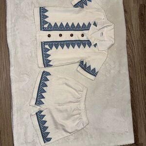 White and Blue Embroidered Two-Piece Set